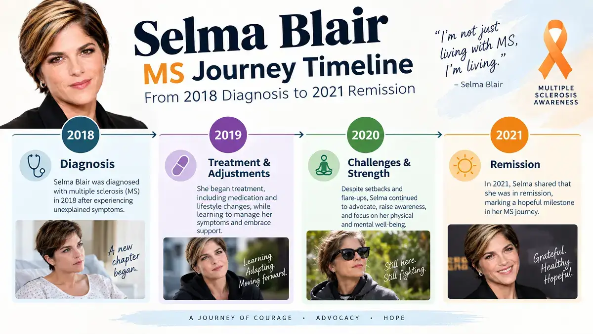 Selma Blair: Biography, Career, MS Journey and the October 2026 Delta Flight Incident 4 Selma Blair MS journey timeline from 2018 diagnosis to 2021 remission
